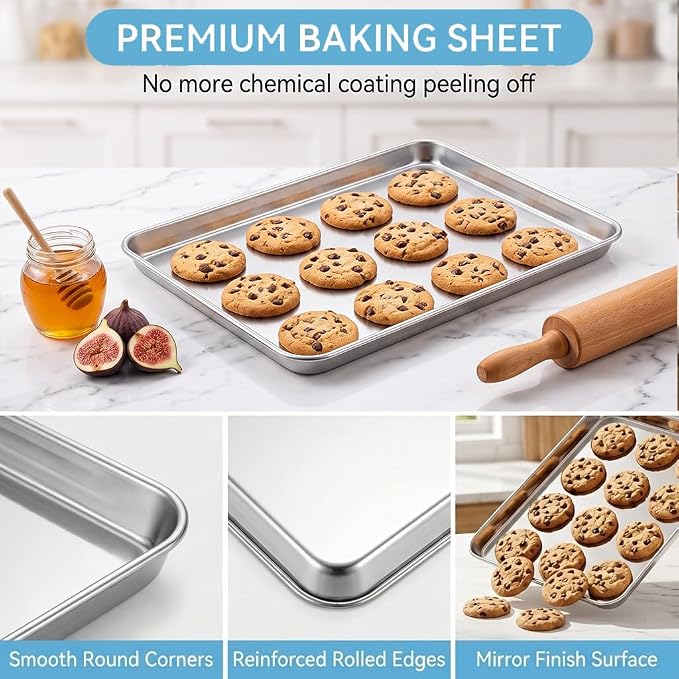 TeamFar Baking Sheet Set of 2, 16"x 12"x 1" Stainless Steel Baking Pans Tray Cookie Sheet, Non Toxic & Healthy, Mirror Finish & Rust Proof, Easy Clean & Dishwasher Safe
