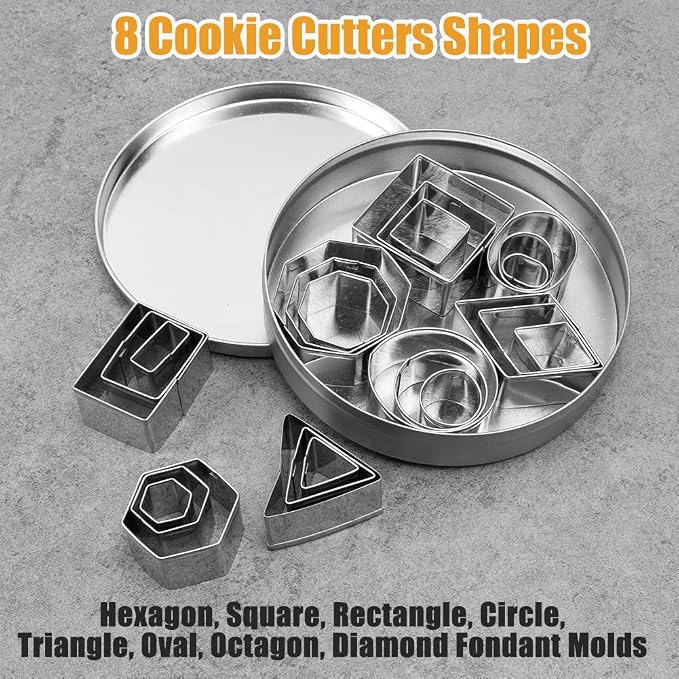 ofone Small Cookie Cutters Geometric Shapes Set, 24 Mini Fondant Cutter - Square Triangle Oval Rectangle Hexagon Octagon Circle Diamond, Tiny Stainless Steel Biscuit Molds for Baking Dough Pastry