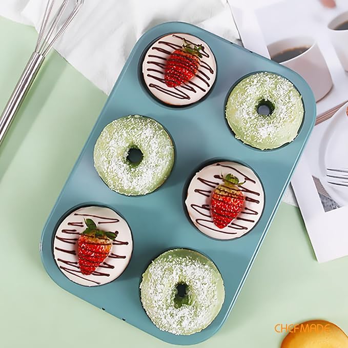 CHEFMADE Mini Donut Pan, Nonstick 6-Cavity Carbon Steel for Baking | Ring Donut Pan for Baking, Bagel Pan Bakeware. Nonstick steel, even heat to 428°F. PTFE/PFOA free. Easy clean (Green)