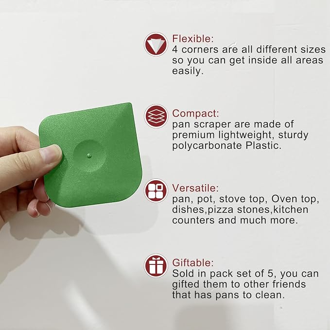 Herda Pan Scraper Pot Scraper Plastic Kitchen Scraper Tool, 5pcs Food Scraper Dish Scraper Hard Nylon Platic Cleaning Scraper Tool for Kitchen Pan, Pot, Cast Iron (Green)