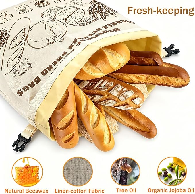 KINGYEENUO 2 Pack Beeswax Bread Bags for Sourdough, Reusable Large Cotton Linen Storage Bags with Zipper, Plastic-Free Food Preservation Wraps for Artisan Loaves, Baguettes & Freshness | Cotton Linen Storage Bags with Zipper, Plastic-Free Food Preserva...