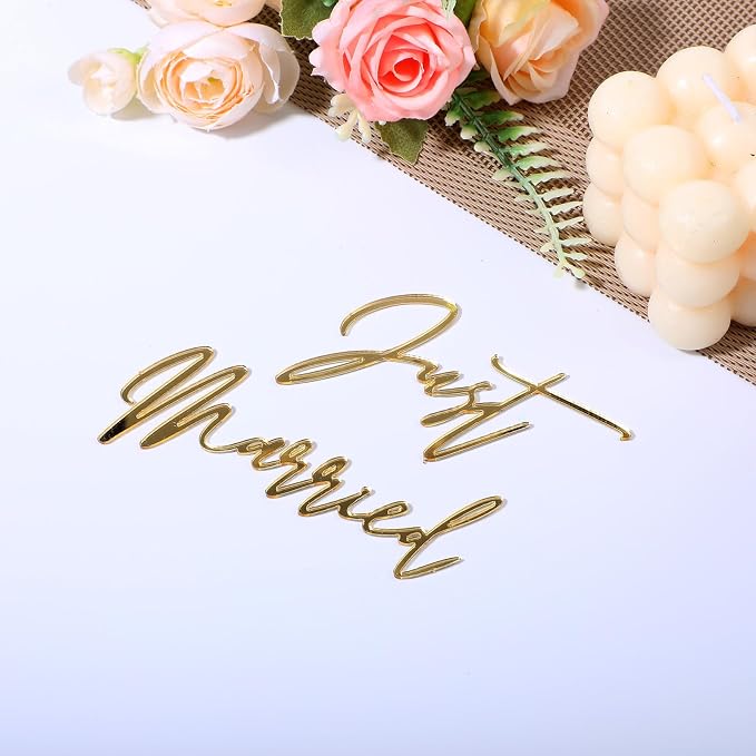 Just Married Cake Topper, Wedding Cake Toppers Engaged Cakes Topper for Bridal Shower Just Married Cakes Decor Bachelorette Party Decorations Black Gold Cupcake for DIY(Gold)