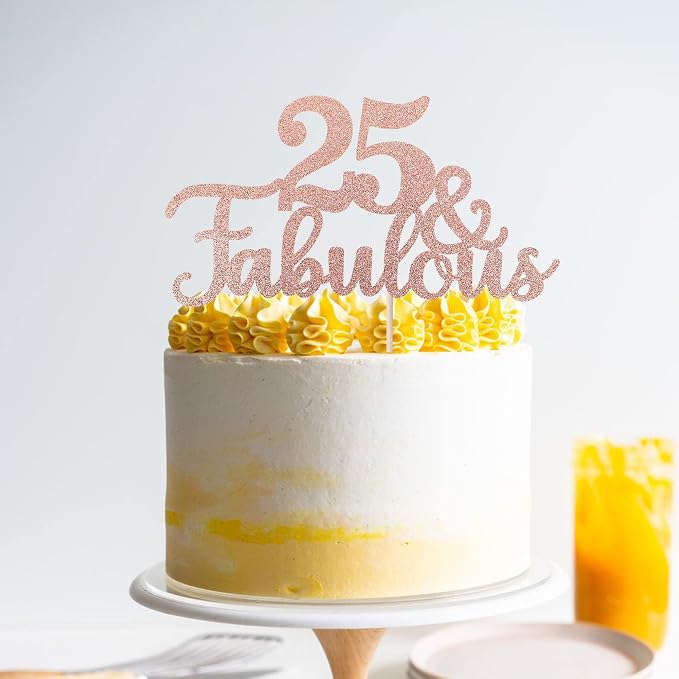 1 PCS 25 & Fabulous Cake Topper Glitter Twenty Five and Fabulous Cake Toppers Happy 25th Birthday Cake Pick for 25th Wedding Anniversary Birthday Party Cake Decorations Supplies Rose Gold