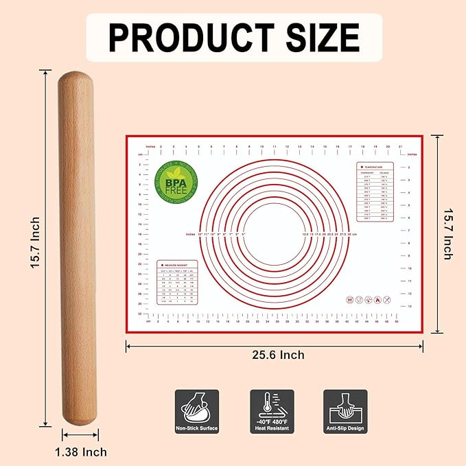 Rolling Pin and Silicone Baking Mat Set, Non-Stick Beech Wood Rolling Pin 15.7 Inch and Pastry Mat(40cm*60cm) for Best Pie Crust, Cookie, Pasta and Pizza Dough
