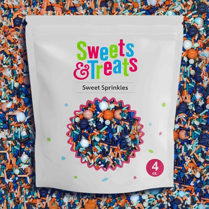 Blue and Orange Sprinkles for Cake, Cookie, Cupcake Decorating, and Baking -Blue Orange Birthday Cake Topper Decorations Jimmies, Nonpareils, Sugar Pearl with Peach, White, Navy Sprinkles