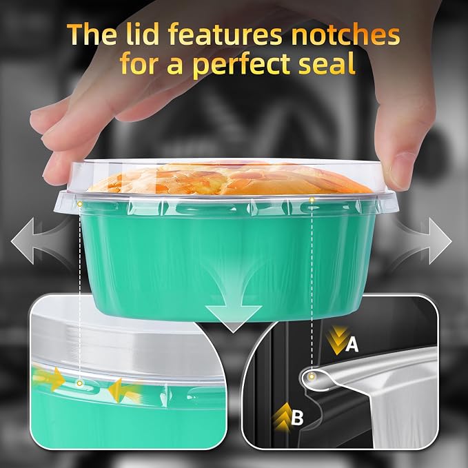 Beasea Ramekins Baking Cups with Lids, 120 Pack 8 oz 4 Inch Disposable Mini Elegant Blue Foil Creme Brulee Aluminum Baking Cups Small Round Cupcake Tart Pie Tins Pans Individual Containers Oven Safe