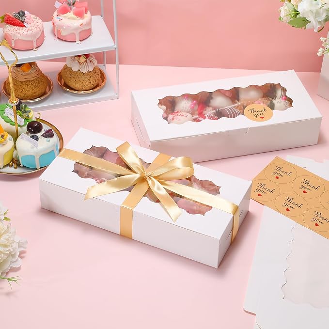 36 Pack Cookie Boxes with Window, 12.5x5.5x2.5 Inches Bakery Boxes with Ribbon and Sticks, Treat Box for Chocolate Covered Strawberries, Hot Cocoa Bombs, Pastries, Donuts, Muffins