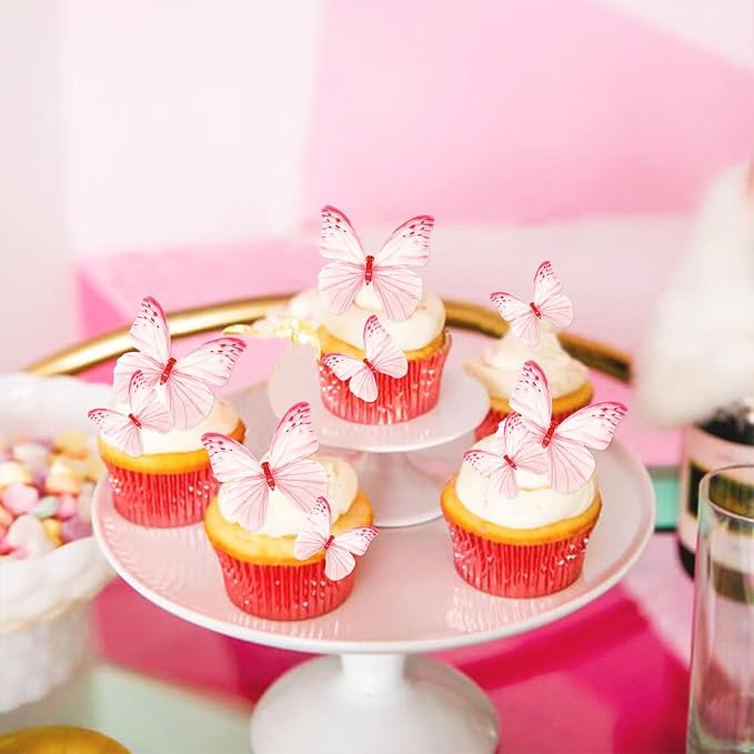 60Pcs Edible Butterfly Cupcake Toppers Pink Butterflies Cupcake Picks Drink Toppers for Butterfly Theme Baby Shower Girls Birthday Party Birdal Shower Engagement Wedding Party Decorations