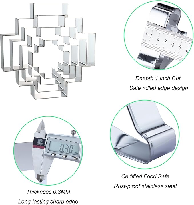 Square Stair Cookie Cutter Set - 5 inch, 4 inch, 3 inch, 2 inch - 4 Piece Geometric Cookie Cutters Shapes Biscuit Fondant Clay Molds - Stainless Steel