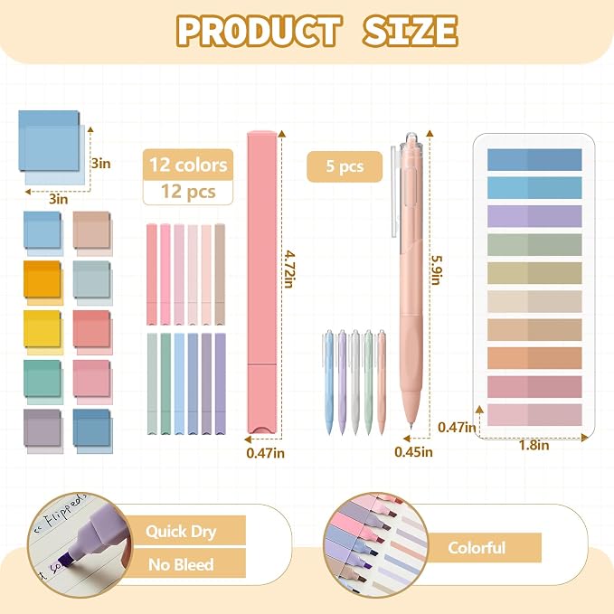 Jutom 39 Pcs Aesthetic Book Annotation Kit Highlighter with Case Bag Gel Pen Transparent Sticky Note Taking Bible Supplies(Cream,Cute Style)