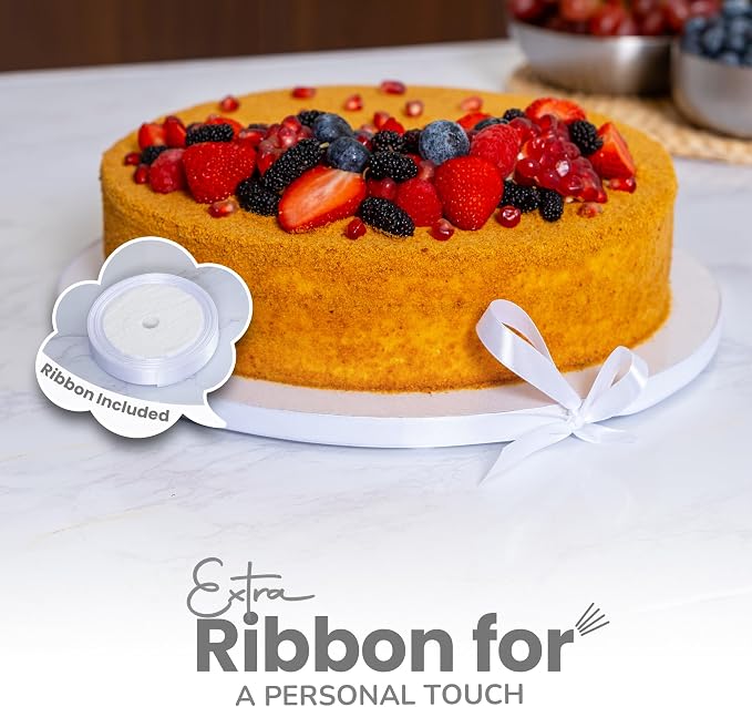 12-Pack Cake Drums 12 inch Reversible, Sturdy 1/2" Thick, Greaseproof, White | Free Prop Up Tool + Matching Ribbon | Professional Round Cake Boards for Tiered, Wedding, Birthday Cakes
