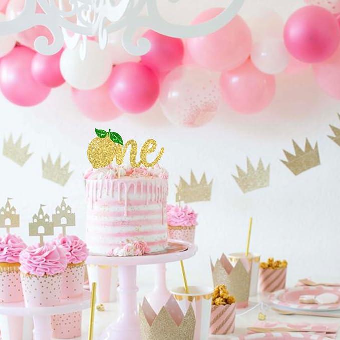 Rsstarxi 1 Pack Lemon One Cake Topper Glitter Happy First Birthday Cake Pick for Baby Shower 1st Birthday Party Cake Decorations Supplies