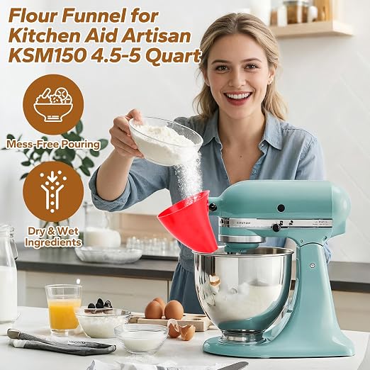 SelfTek 2 Pack Mess-Free Flour Funnel for Kitchen aid Mixer - for Artisan Ksm150 4.5-5 Tilt-Head Models, Fu-nnel Attachment with Scraper for kitchenaid Stand Mixer, Easy-Pour (2 Funnel & 2 Scraper)
