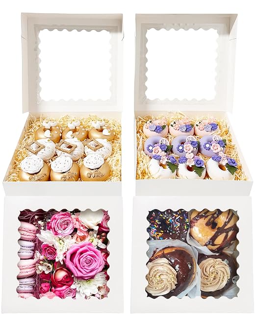 Bakepacker 90pcs White Pie Boxes 8x8x2.5 inches Easy Assemble Macaroon Cookie Boxes Bakery Boxes with Window for Bakery (Auto-pop Up)