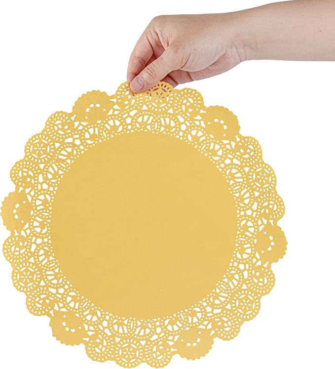 Pastry Tek 12 x 12 Inch Paper Lace Doilies, 100 Disposable Table Doilies - Elegant Lace Finish, Long Lasting, Orange Paper Doily, for Pastries, Cupcakes, Desserts - Restaurantware