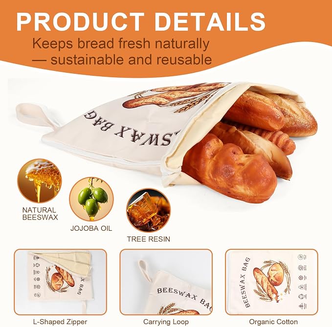 2 Pack Reusable Beeswax Bread Bags for Sourdough, Cotton Bread Bag with Wide Zipper Opening & Handle, XL Bread Bags for Homemade Bread, Keeps Bread Fresh Longer