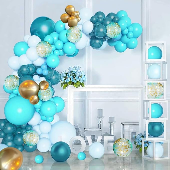MEBAY Teal Balloons Garland Arch Kit, 147PCS Teal Blue Turquoise Green Metallic Gold Balloons with Confetti for Wedding Baby Shower Birthday Party Decorations