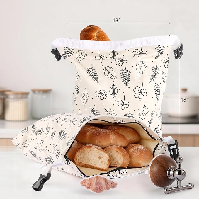 2Packs Cotton Beeswax Bread Bags with Zipper, Bread Bags for Homemade Bread,Organic Beeswax Linen Sourdough Bags,Reusable Bread Storage for Keep Fresh Freezer Safe 18 * 13in XL Large