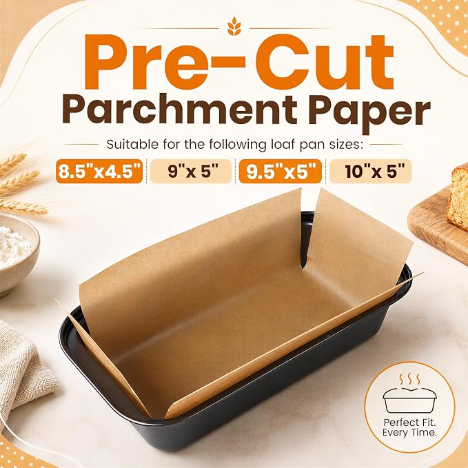 HUAKENER Loaf Pan Liners, 100Pcs Non-Stick Parchment Paper Bread Pan Liners for Baking Bread 9x5, 8.5x4.5 and 10x5 Inch Loaf Pan