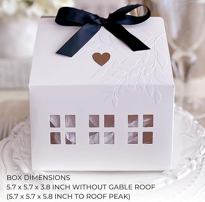 20 Pcs Classic House Shaped Gift Boxes with Neutral Ribbons for Treats, Desserts, Fancy Cookie, White Gable Bakery Packaging
