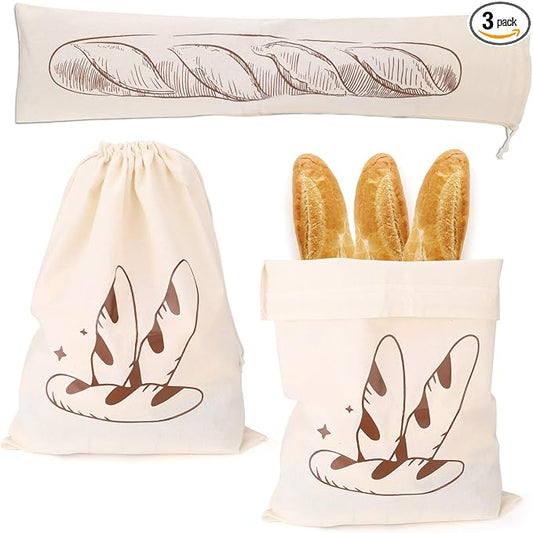 Huakaile 3 Pieces Linen Coffee Sourdough Bread Bags Baguettes 24" x 6" & 11" x 15", Reusable Homemade Bread Storage to Keep Fresh, Large Food Wraps Sourdough Baking Supplies for Kitchen Baker
