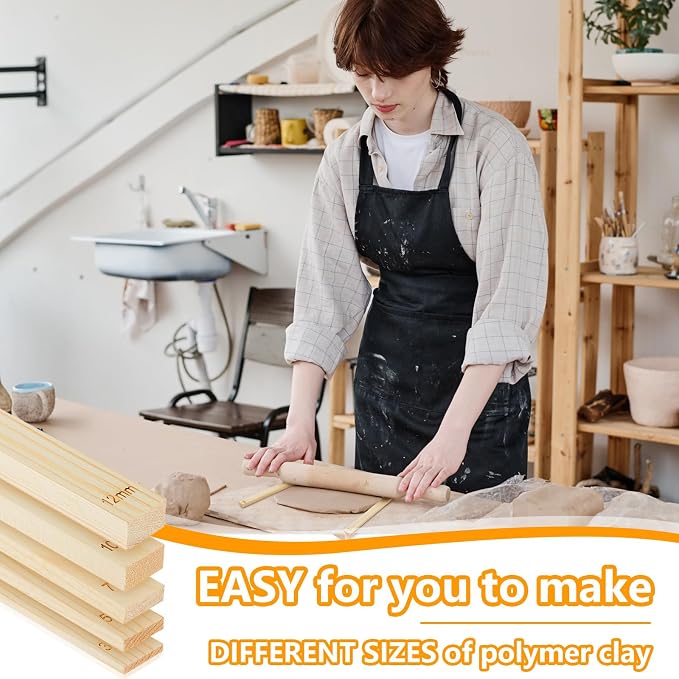 Sasylvia 20 Pcs Clay Pottery Rolling Pin Guides Wood Teaching Rolling Mud Stick Guide Set Polymer Clay Depth Thickness Guide Pottery Mudboard Tools (5 Size,Wood Color)