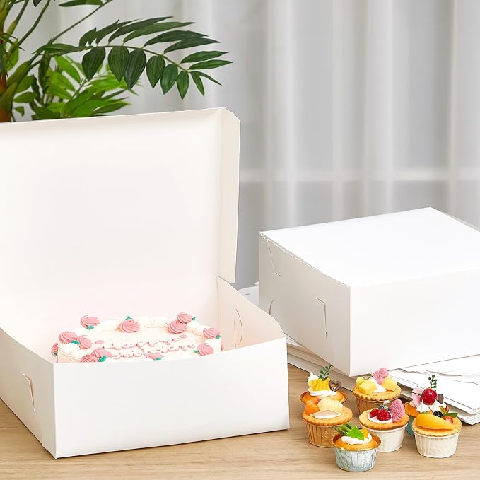 Ireer 50 Pack 14 x 10 x 3.5 Inch White Cake Boxes Cardboard Bakery Boxes for Pie Pastry Cookie