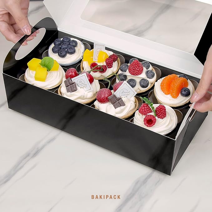 15 Black Cupcake Boxes 8 Count with Window and Inserts, Cupcake Containers, Mother's Day Cupcake Boxes for Cupcakes, Muffins, Cookies