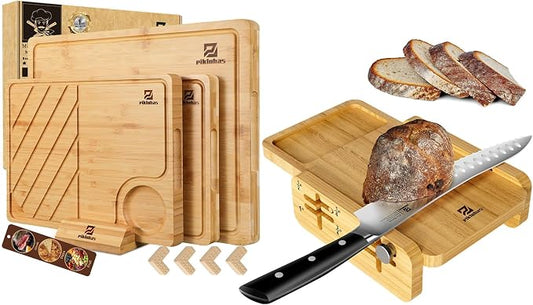 Bamboo Cutting Boards Large Set of 4 for Kitchen+Bread Slicer with Bread Knife