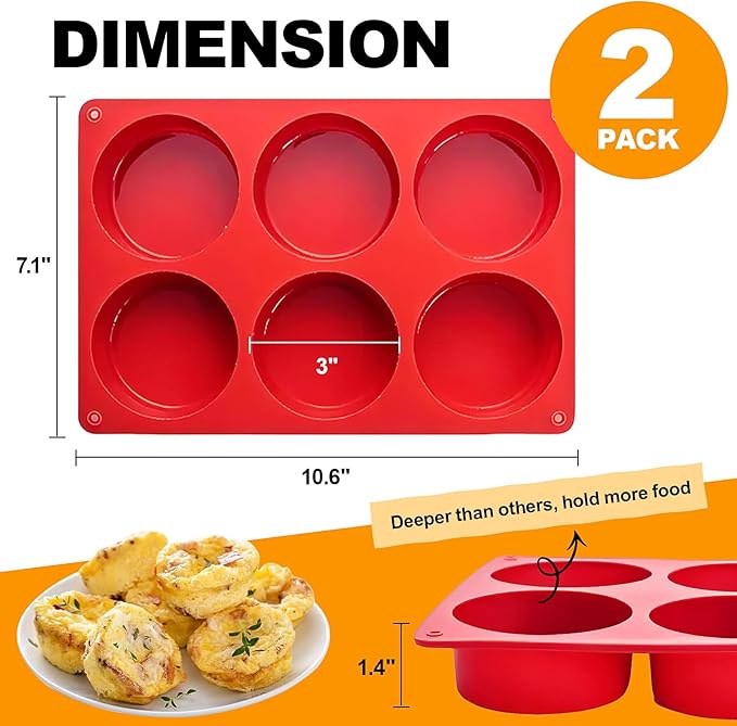 Silicone Egg Bite Molds, 2 Pack Frittata Pan, Deep 3 Inch Dash Cups, Sous Vide Round Rolls Molds for Breakfast Sandwiches, Omelets, Dinner Rolls, Baking - Red