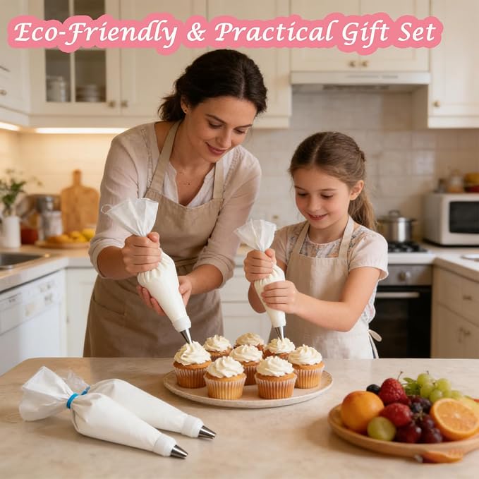 Reusable Piping Bags and Tips Set, 23Pcs Pastry Bag Kit | 4 Cotton Icing Bags, 6 Stainless Steel Tips, Couplers, Brush – Cake Decorating Supplies for Beginners, Cupcakes, Cookies