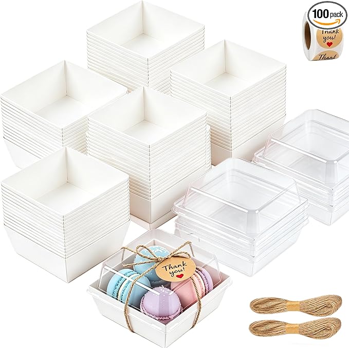 100 Pack Charcuterie Boxes with Clear Lids, White Paper Cake Sliced Boxes, 5 Inch Cute Square Dessert Boxes for Swiss Roll, Hamburger, Pasta, Salad, Cookie Wedding, Birthday
