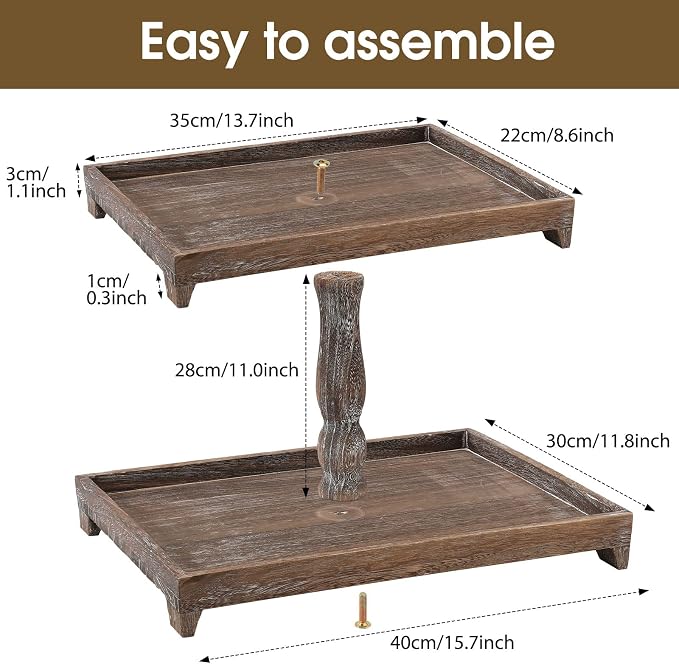 Yalikop Farmhouse Tiered Tray Stand - Wooden Rustic 2 Tier Rectangular Tray Serving Stand for House Kitchen Cake(Brown)