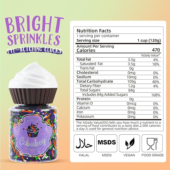 Halloween Jimmies Sprinkles for Cake Decorating 4.2 oz Edible Purple Orange Black and Green Sprinkles for Cupcake Topper Cookie Chocolate Cake Ice cream Decorations Baking Halloween Party