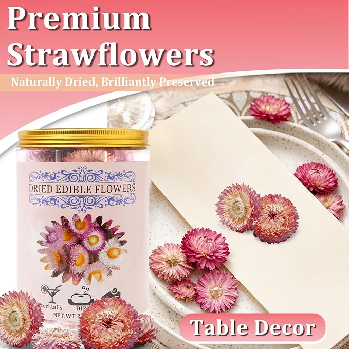 90+ Food Grade Pink Flowers for Cake and Cocktails Decorating – Culinary-Grade Dried Pink & White Strawflowers for Garnish, Baking, and Drink Toppers