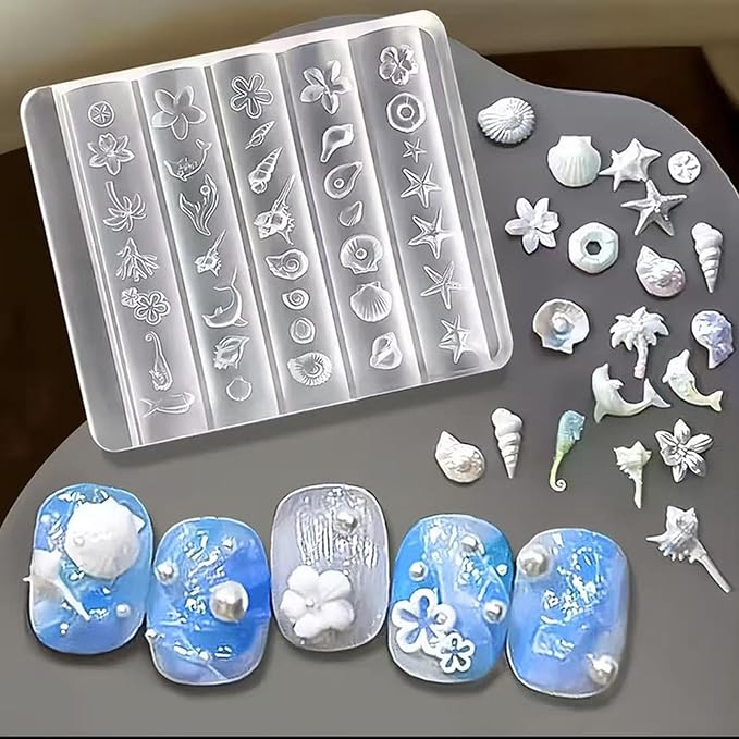 Ocean Nail Art Silicone Mold, 3D Seashell Starfish Conch Nail Charms Mold, Marine Theme Silicone Mold for Acrylic Gel Resin Nail Decoration, Reusable DIY Nail Accessories