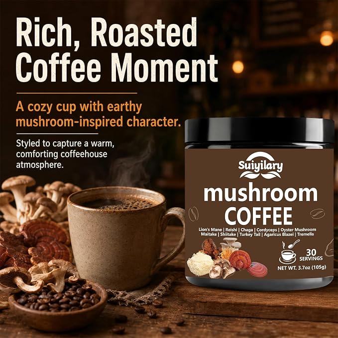 Suiyilary 10 Mushroom Coffee with Arabica w, Lion's Mane, Reishi, Mushroom Polysaccharides & More, Instant Mushrooms Powder for Focus, Immunity Boost, Memory & Clarity - 30 Servings
