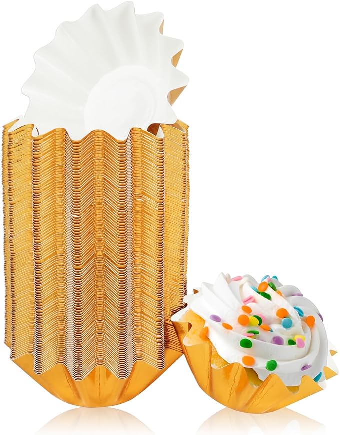 100 PCS Baking Cups Cupcake Liner Flared Brioche Muffin Wrappers (Gold) | Standard Greaseproof Coated Paper Cup for Wedding Birthday Holiday Party or Baby Shower