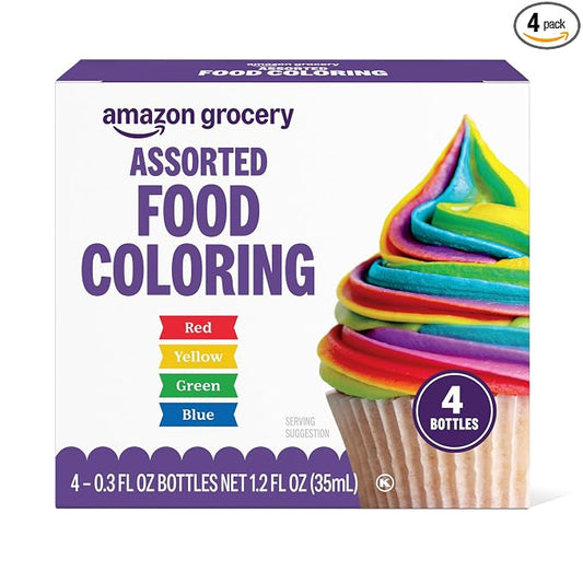 Amazon Grocery, Assorted Food Coloring, Contains Red, Blue, Green, Yellow Bottles, 1.2 Fl Oz
