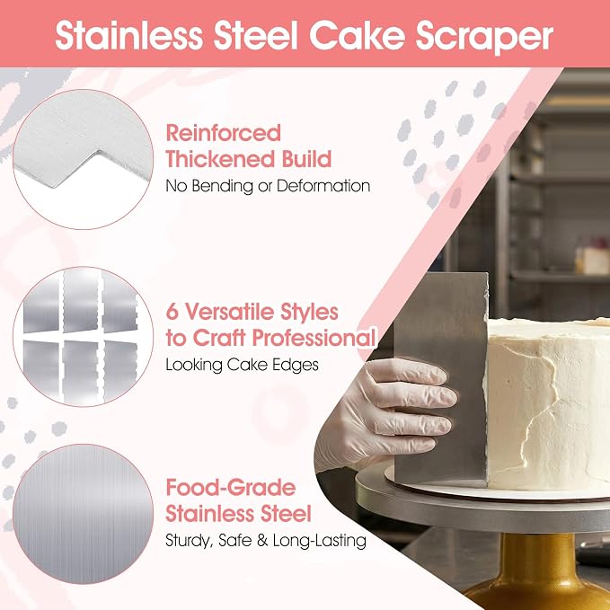 6 Pcs Stainless Steel Cake Scraper, 10 Inch & 9 Inch Large Double Sided Patterned Edge Stripe Edge Smoother Scraper Cake Decorating Comb Metal Pastry Cutter for Butter Mousse Cream Decoration