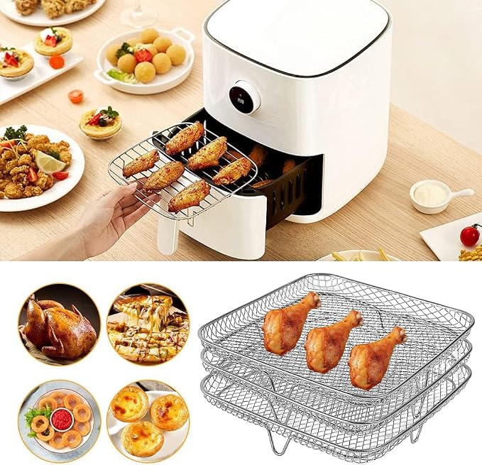 3 layer Square Air Fryer Rack, Stainless Steel Dehydrator, Air Stainless Steel Dehydrator Grill Enhanced Airflow Design Air Fryer Rack for Chicken Wings Vegetables Dual Cakes (Square Set)
