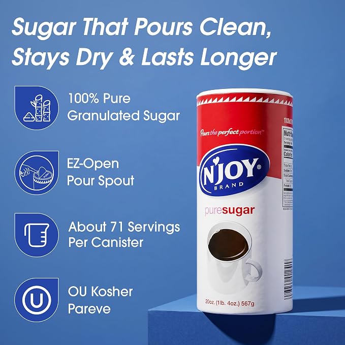N'Joy Pure Sugar, Pack of 3 Canisters w/EZ-Open Pour Spout (20 oz each) - Smooth Granulated Sugar for Coffee Bars, Cafes, Restaurants and Canister for Office - Shelf Stable & No Refrigeration Needed