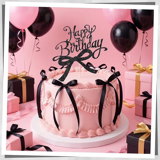 Bow Cake Toppers 18 PCS Black Ribbon Bows for Cake with 1 PCS Happy Birthday Cakes Topper Coquette Themed Bow Birthday Decorations for Wedding, Bridal Shower, Baby Shower, Bachelorette