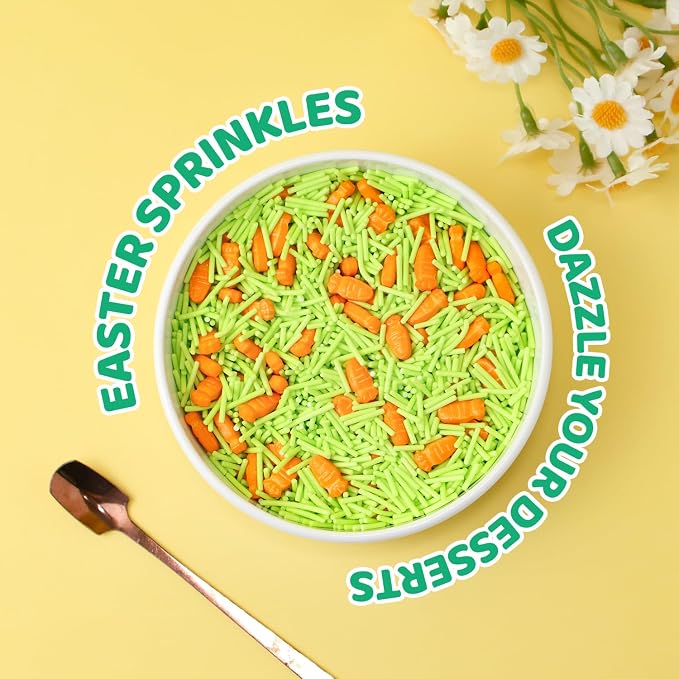 Green Jimmies & Carrot Sprinkles for Cake Decorations, 3.52oz Easter Sprinkles Edible for Cupcakes Topper for Cupcakes Topper Baking Cookies Easter Spring Party Supplies