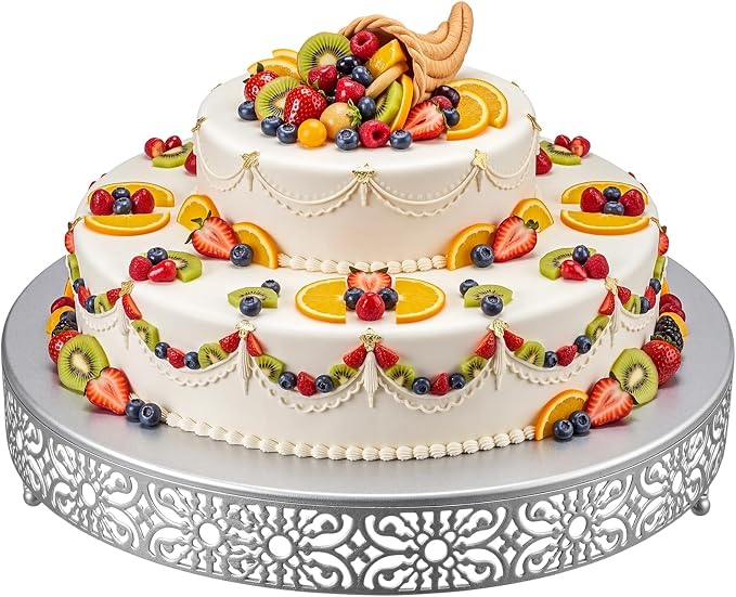 Wenqik 20 Inch Cake Stand Round Metal Cupcake Dessert Wedding Cake Stand Cookies Display Holder Fruit Food Serving Tray for Table Wedding Birthday Anniversary Party Decor (Silver)