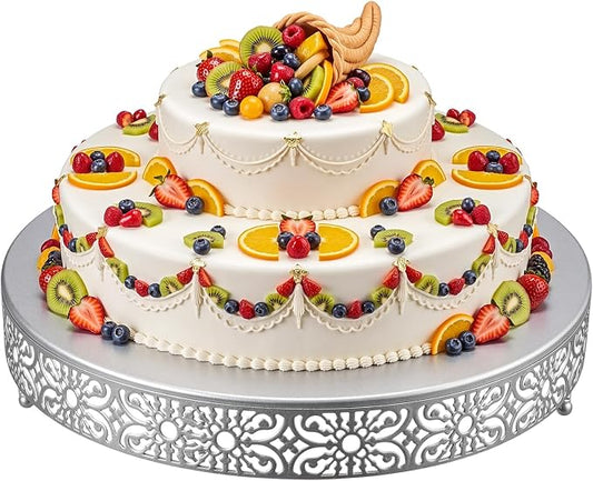 Wenqik 20 Inch Cake Stand Round Metal Cupcake Dessert Wedding Cake Stand Cookies Display Holder Fruit Food Serving Tray for Table Wedding Birthday Anniversary Party Decor (Silver)