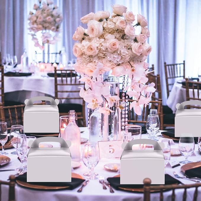 30Pcs Silver Party Favor Treat Boxes Paper Gable Goodie Box | Gift Boxes with Handles Perfect for Wedding, Birthday, Graduation, Babyshower