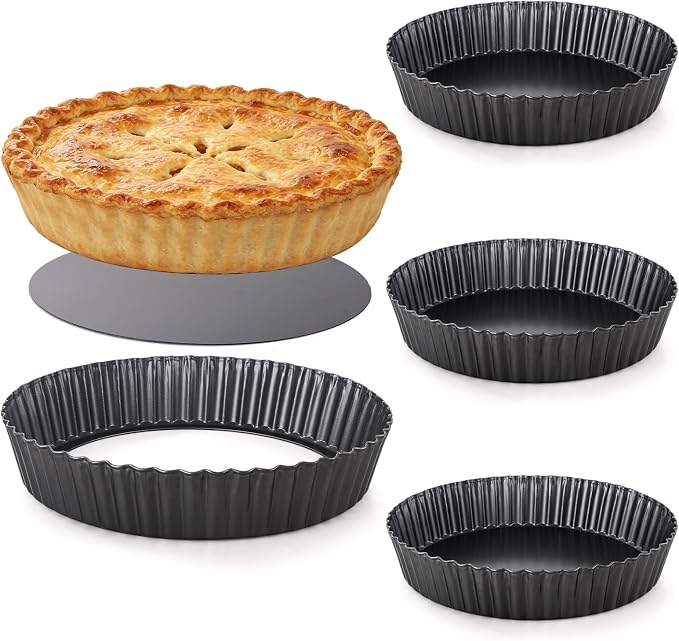 Acrux7 12 Inch Tart Pan with Removable Bottom, Nonstick Pie Pan Set of 4 | 2 Inch Deep Loose Bottom Carbon Steel Fluted Quiche Baking Dish for Fruit Tart, Flan, Pizza, Cheesecake, Dark Gray