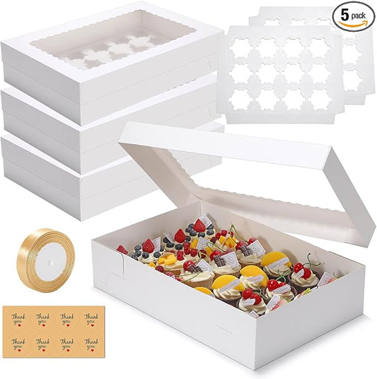 5 Pack 24 Count Standard Cupcake Boxes with Window & Inserts White | Cupcake Containers Bakery Box for Standard Muffins, Pastry Dessert for Birthday Party, Wedding, Baby Shower-17.5x11.5x4 Inch