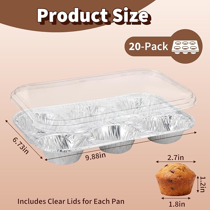 Disposable Muffin Pans with Lids, 20 Pack Aluminum Muffin Pans with Clear Lids, 6-Cup Size Throw Away Tin Foil Pan, Strong and Flat Base for Even Baking, Ideal for Parties and Holidays